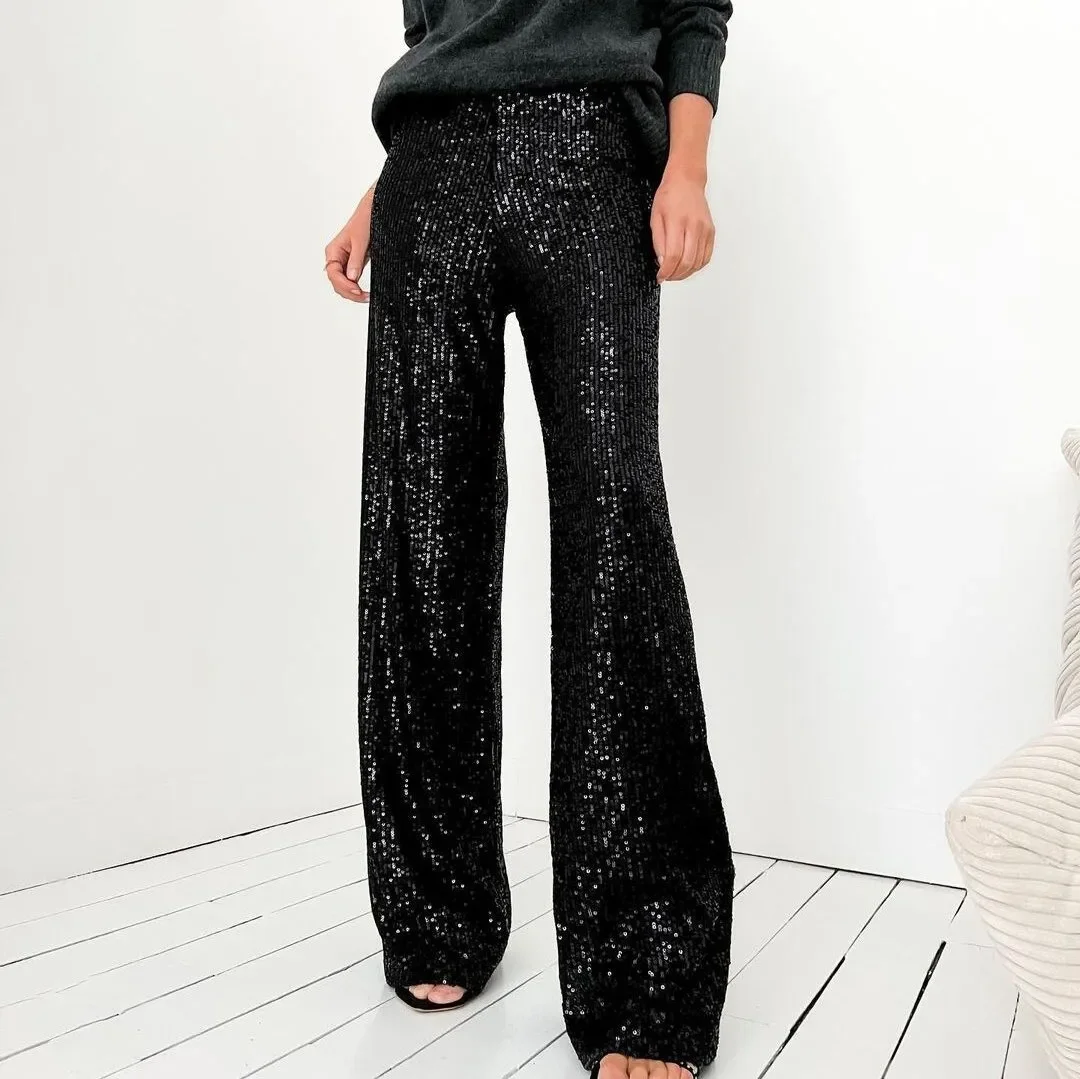 

Women's Elegant Silk Sequins Pants, Midi Waist, Loose Long Pants, Classic Trousers, Female Clothing, Fashion, Streetwear, 2025