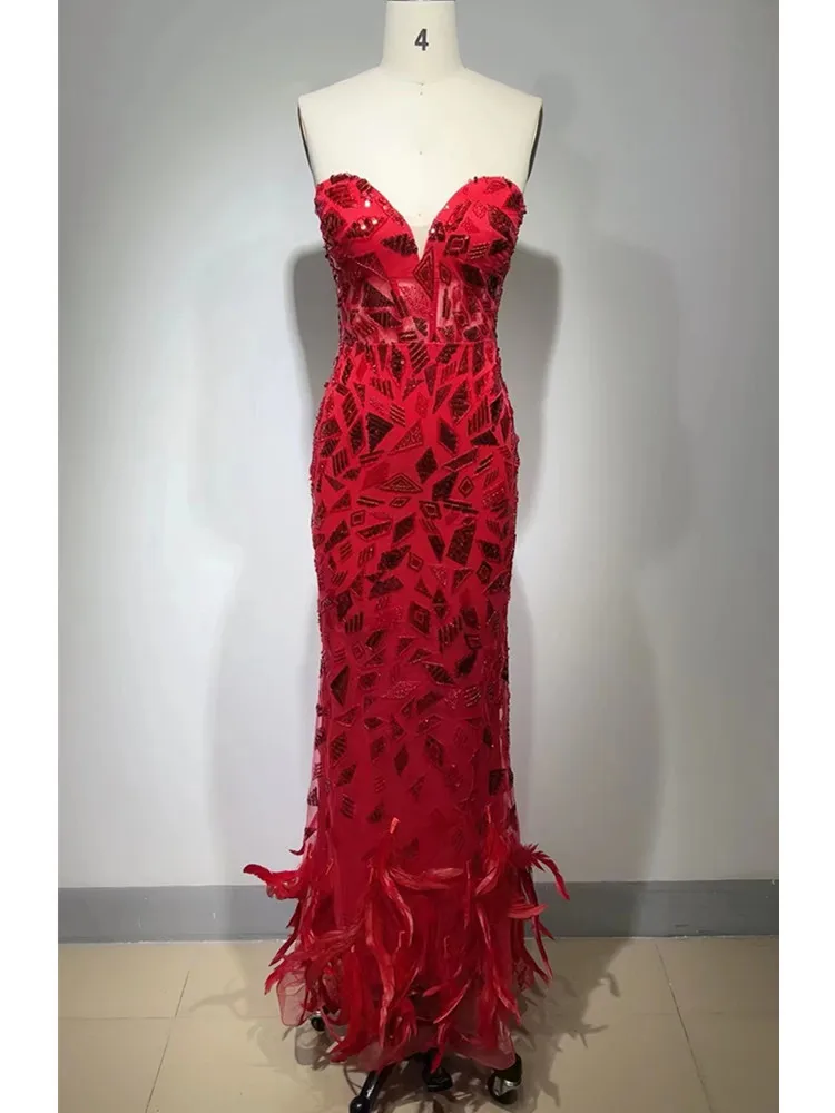 2023 New Women Luxury Sexy Strapless Backless Feather Red Mirror Maxi Long Bodycon Gowns Dress Evening Club Party Dress