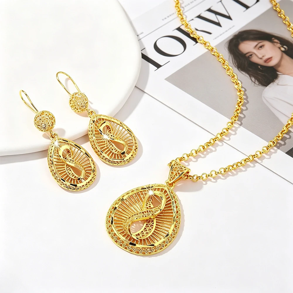 

Teardrop Infinity Sunburst Filigree Pendant Necklace And Earring Set 24K Gold Plated Dubai African Statement Jewelry For Women