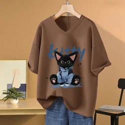 Plus Size 6XL 140kg Summer Short Sleeve Cotton T-Shirts for Women V Neck Cartoon Casual T Shirts Ladies Tees Oversized Tops