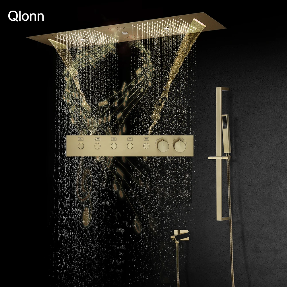 Qlonn 35*12 Inch Couple Emotional Appeal Shower Head Bathroom Golden Shower Faucet System Smart Concealed Mixer Thermostat Tap