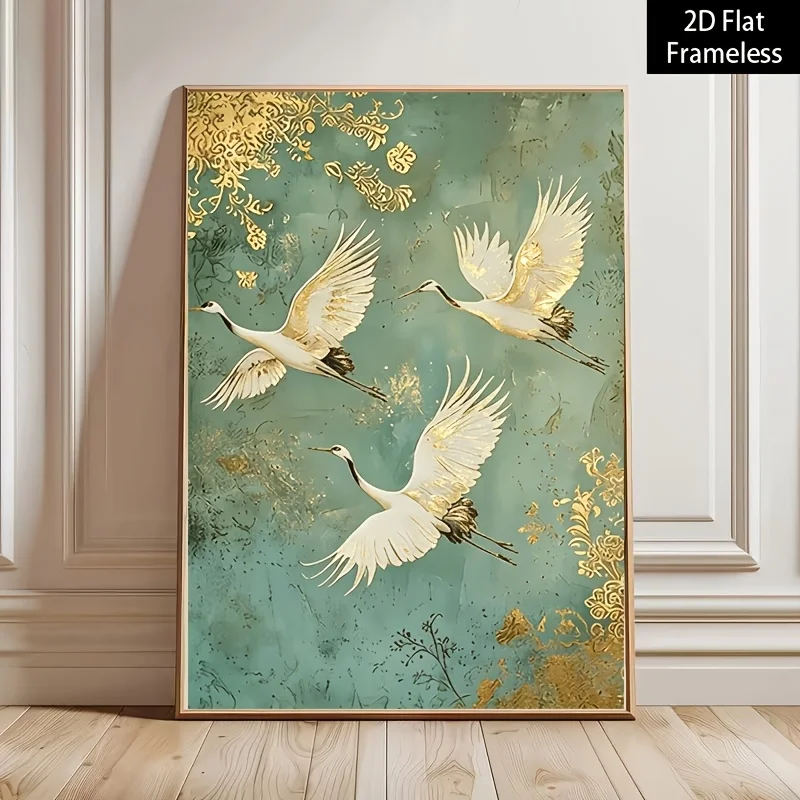 (No frame)2D Flat, 2D Flat, [2Dflat] 1pc Frameless Canvas Poster Printing, Home Decor, Wall Art, White Cranes Flying with Gol