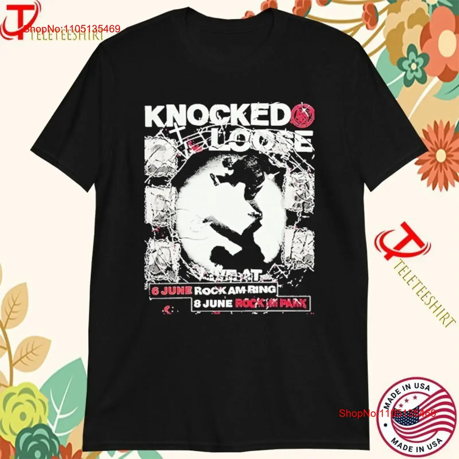 تي شيرت Knocked Loose Live At Rock Am Ring and Im Park 2025 في 6 يونيو تي شيرت عتيق مغسول كاجوال مريح للتنفس قليلاً