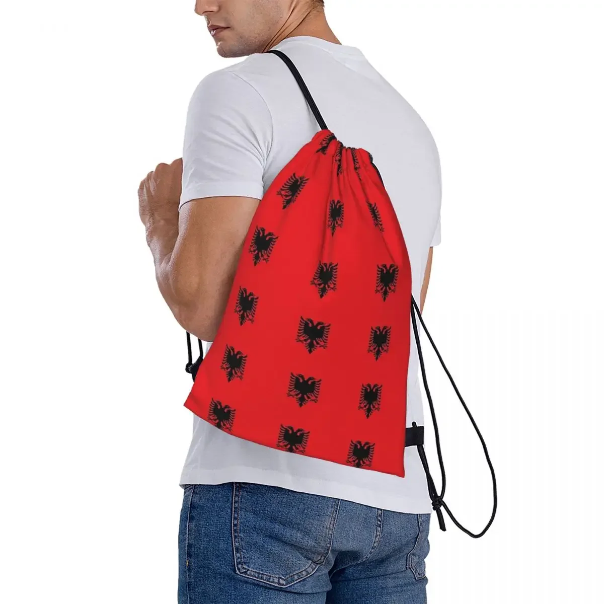 Albania Flag Backpacks Fashion Portable Drawstring Bags Drawstring Bundle Pocket Sundries Bag BookBag For Man Woman School