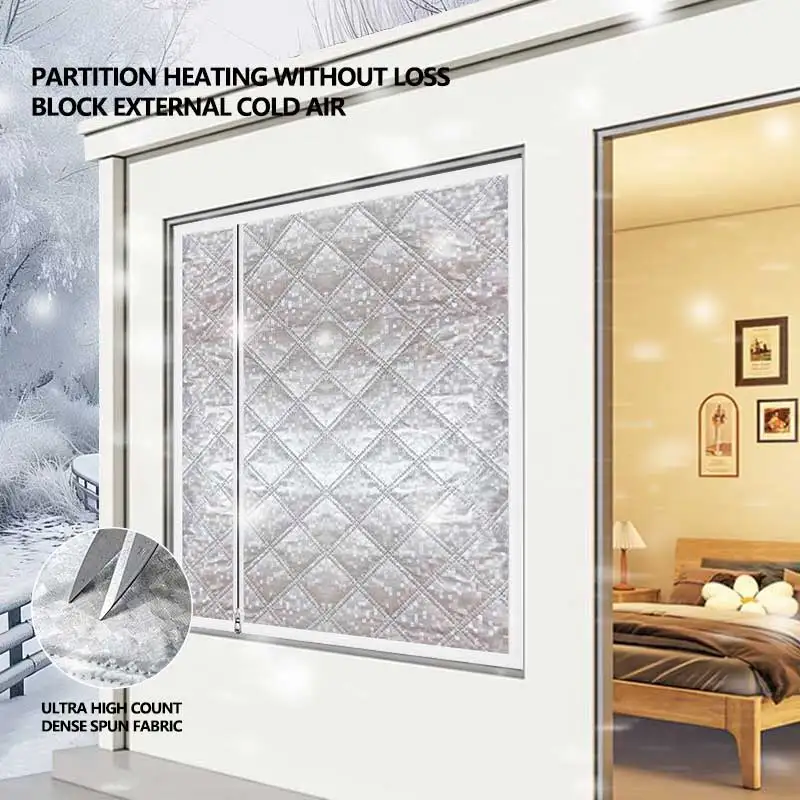 Winter side zipper with cotton insulation film, bedroom curtains, windproof, thickened, self-adhesive, no drilling required