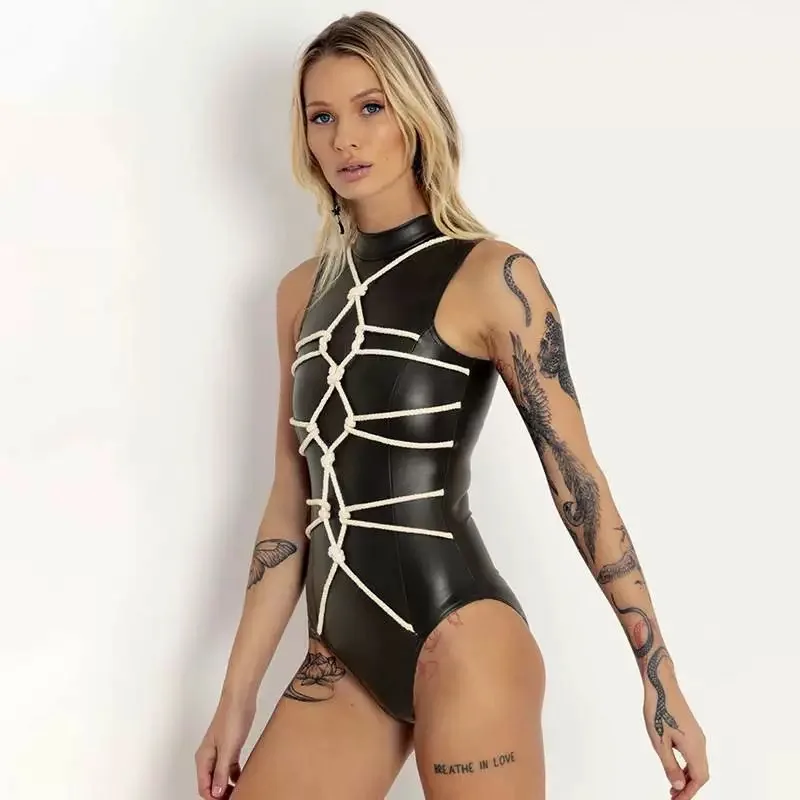 

Women Y2K PU Leather DJ Lace Up Drawstring Bodysuit Romper Onesie Female Ins Chic Gothic Punk Playsuit Nightclub Hot Jumpsuits