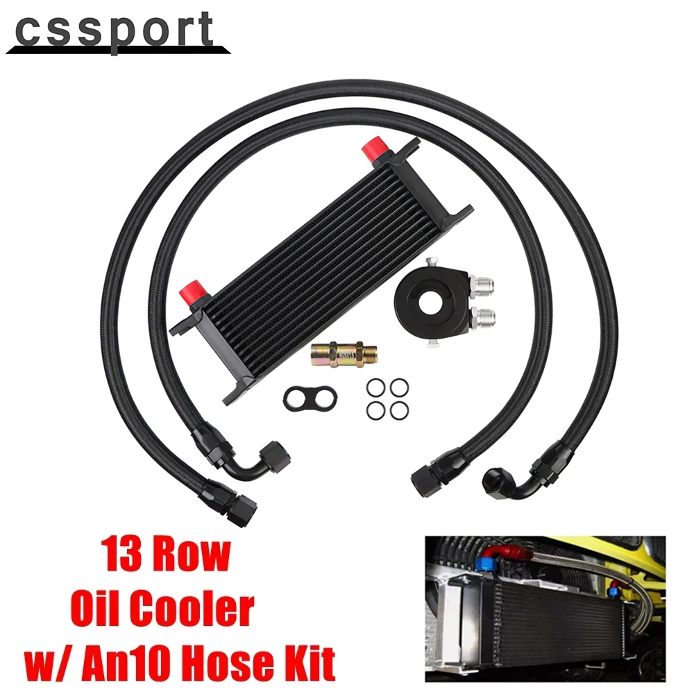 

Universal 13 Rows Oil Cooler + 10AN Transmission Engine Cooler w/Oil Filter Sandwich Adapter Nylon Braided Hose Line Kit