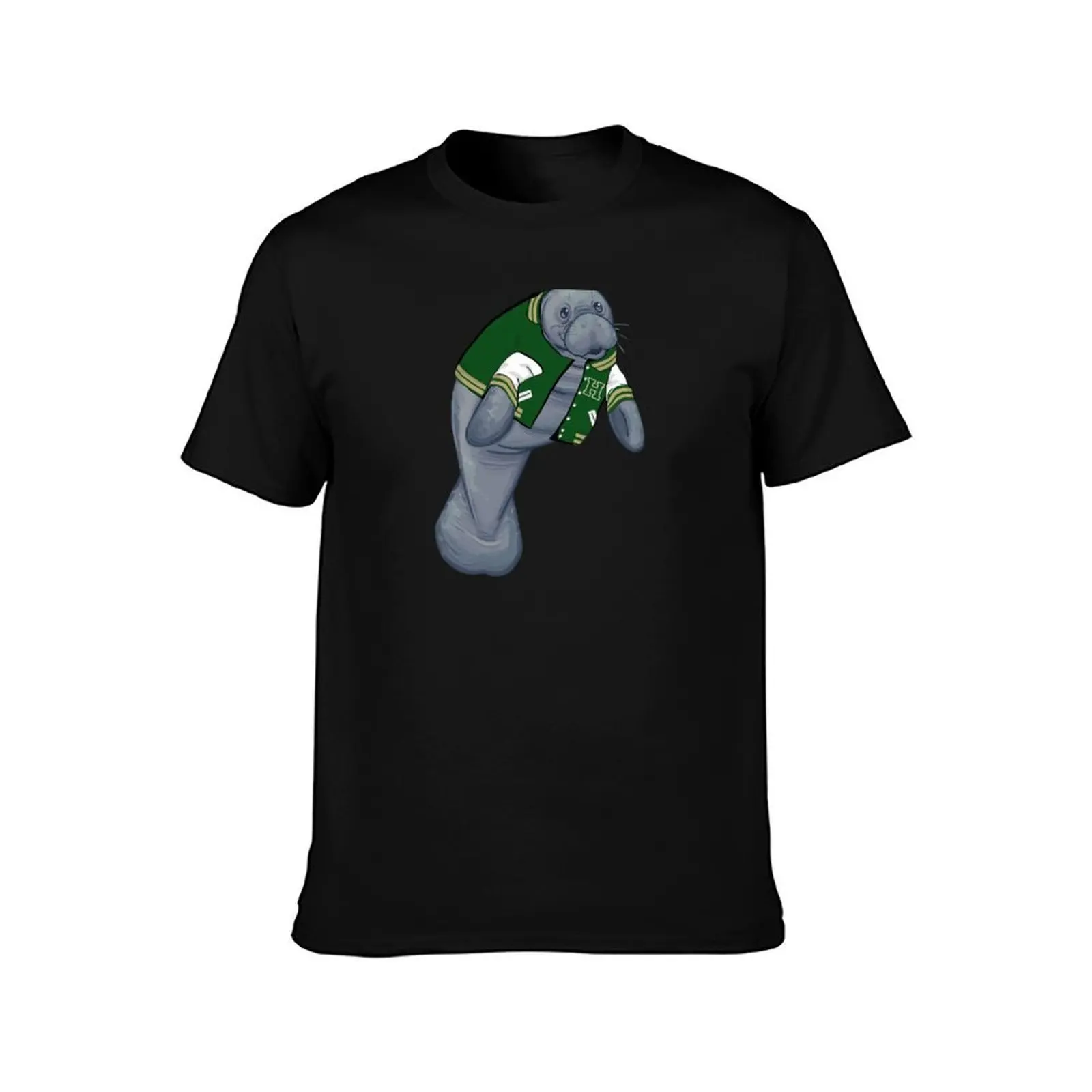 Manatee wearing a letterman jacket T-Shirt, Summer Casual Cotton Tee, Oversized Streetwear Tops, Vintage Graphic Print