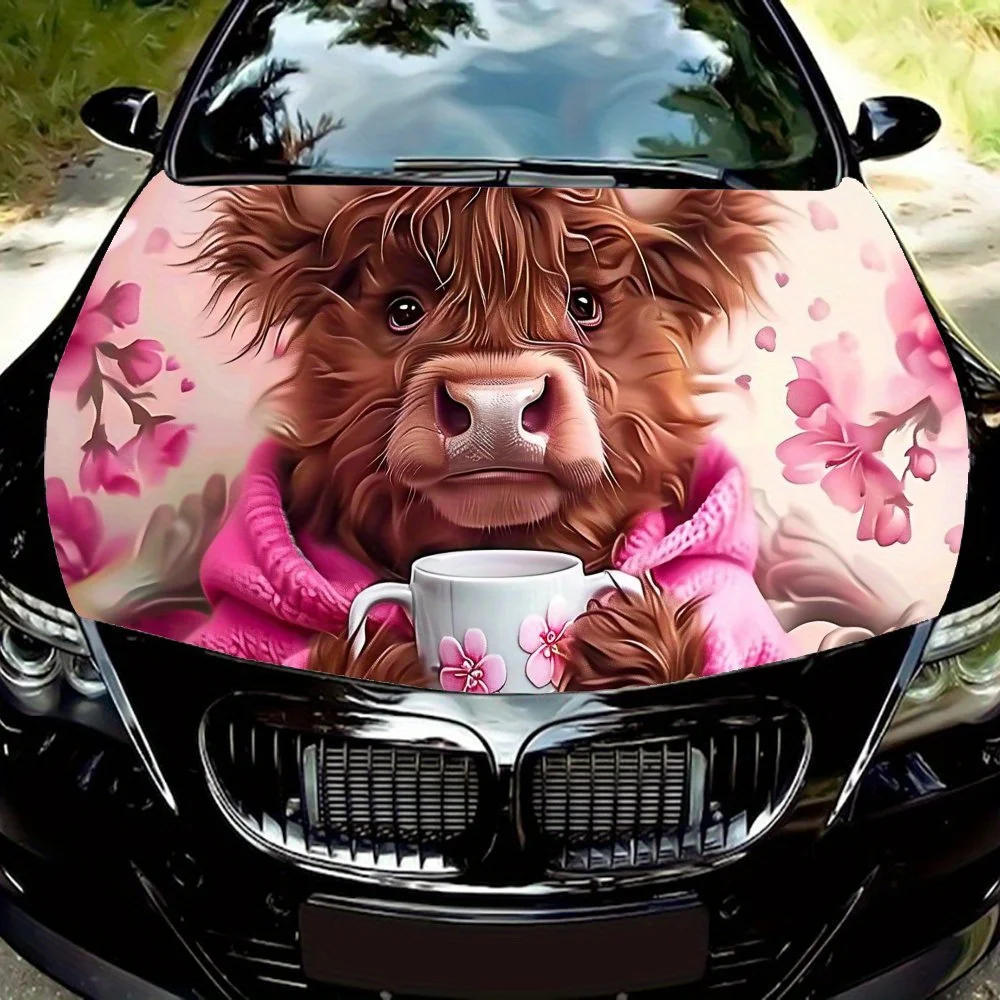 

Romantic Cherry Blossom and Highland Cow Car Cover Coating, PVC Waterproof Car Cover Sticker, Self-adhesive Scratch Resistant St