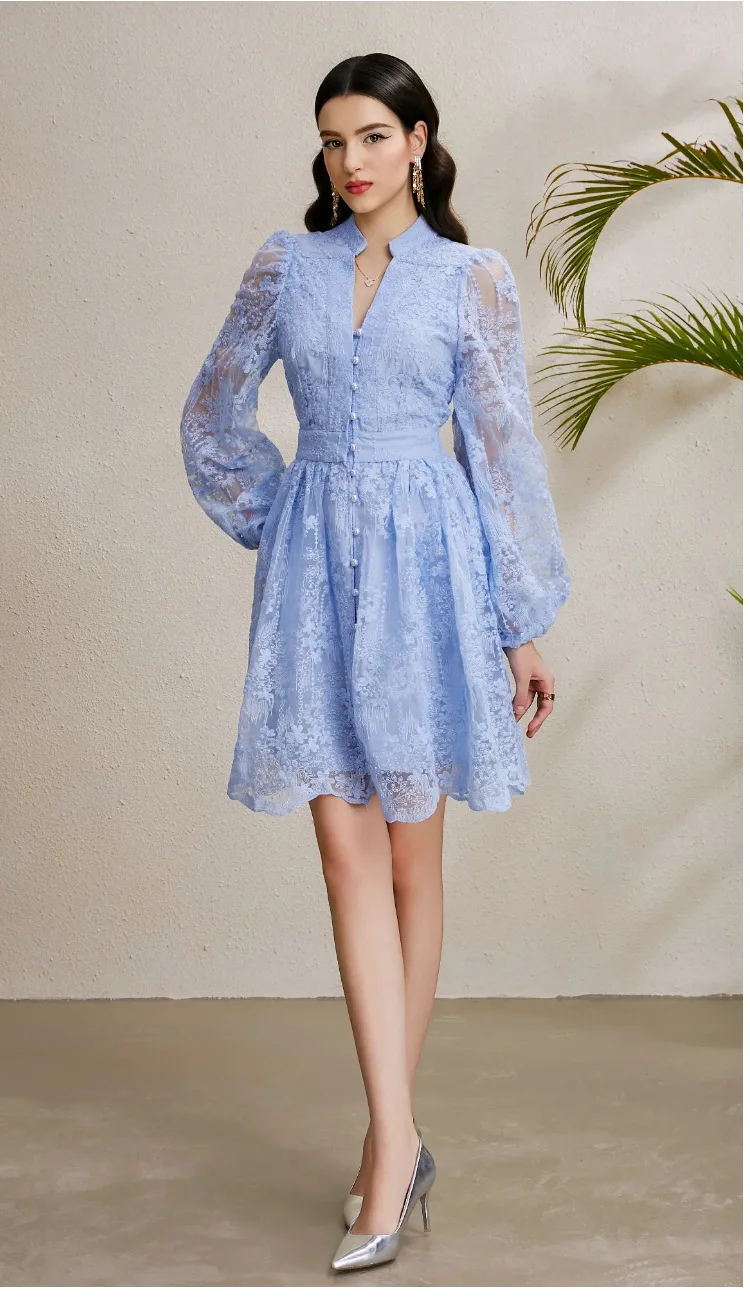 

High Street Summer Sexy Women's Dress Early Autumn Resort V-neck Lantern Sleeve Pleated A-line Embroidered Dress