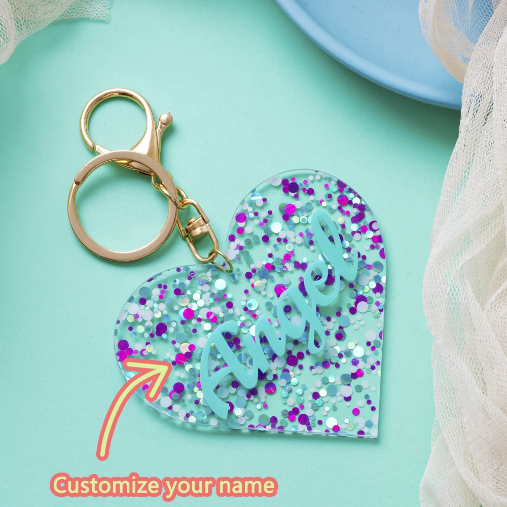 1PC Custom PMMA Keychain - Personalized Heart-Shaped Sparkly Accessory | Laser Engraved Daily Use Gift for Teens