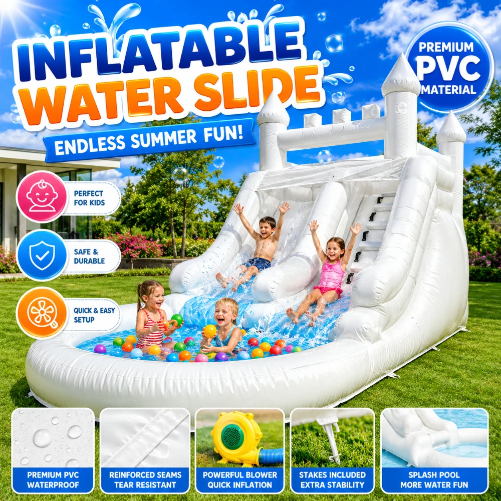 White Inflatable Water Slide with Splash Pool Commercial Grade Bouncy Castle for Adults and Kids Includes Blower Customization