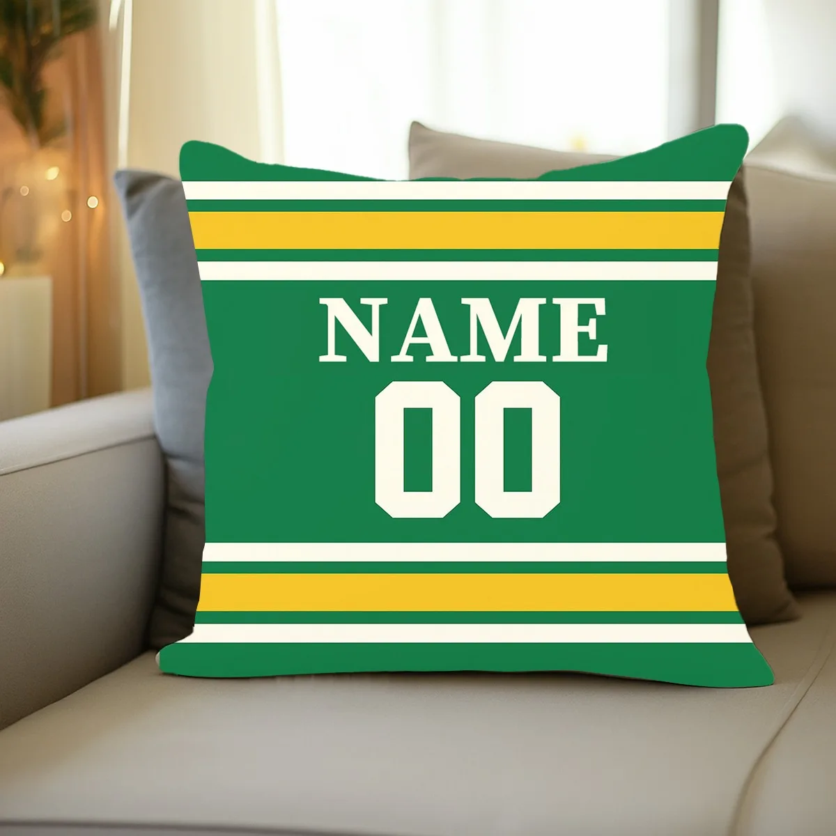 1 personalized name and number 00 pillow custom dad gift, green and gold striped design, zipper closure, suitable for home offic
