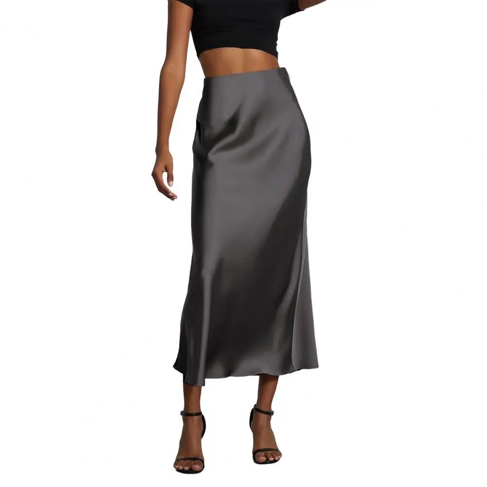 New In 2025 Spring Summer Solid Color Satin Long Skirt For Women High Waist Fashion Elegant Skirt