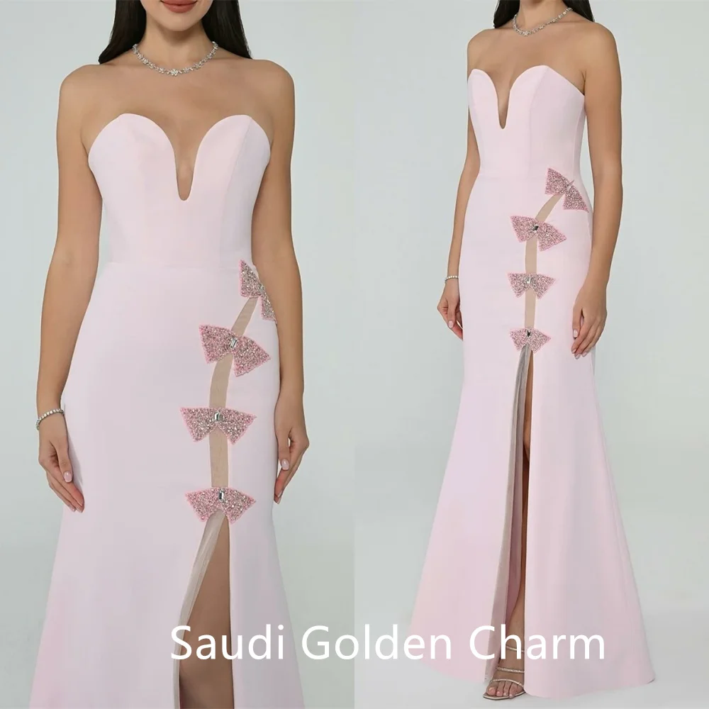 Robe De soirée en Satin rose, personnalisée, exquise, haute qualité, sans bretelles, épaules dénudées, sirène, fermeture éclair au dos