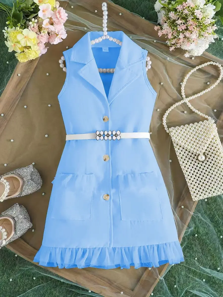 

Summer Kids Decorative Belt Ruffled Hem Jumpsuit Children Skirt Special Occasion Girls Elegant Sleeveless Blazer Style Dress