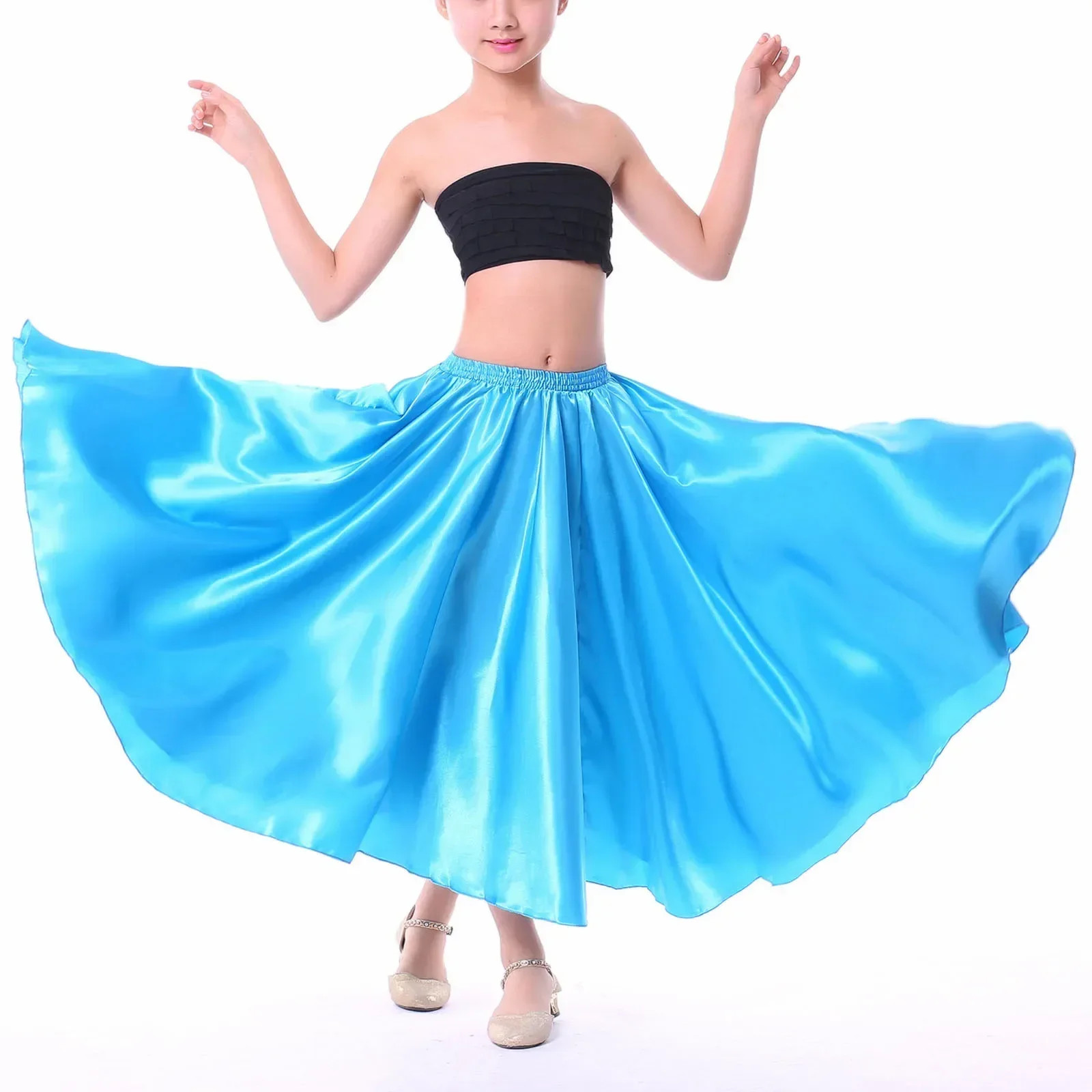 Kids Gypsy Girls Spanish Flamengo Skirt Satin Silk Shiny Big Swing Belly Dance Skirt Dress Flamenco Performance Dance Costume