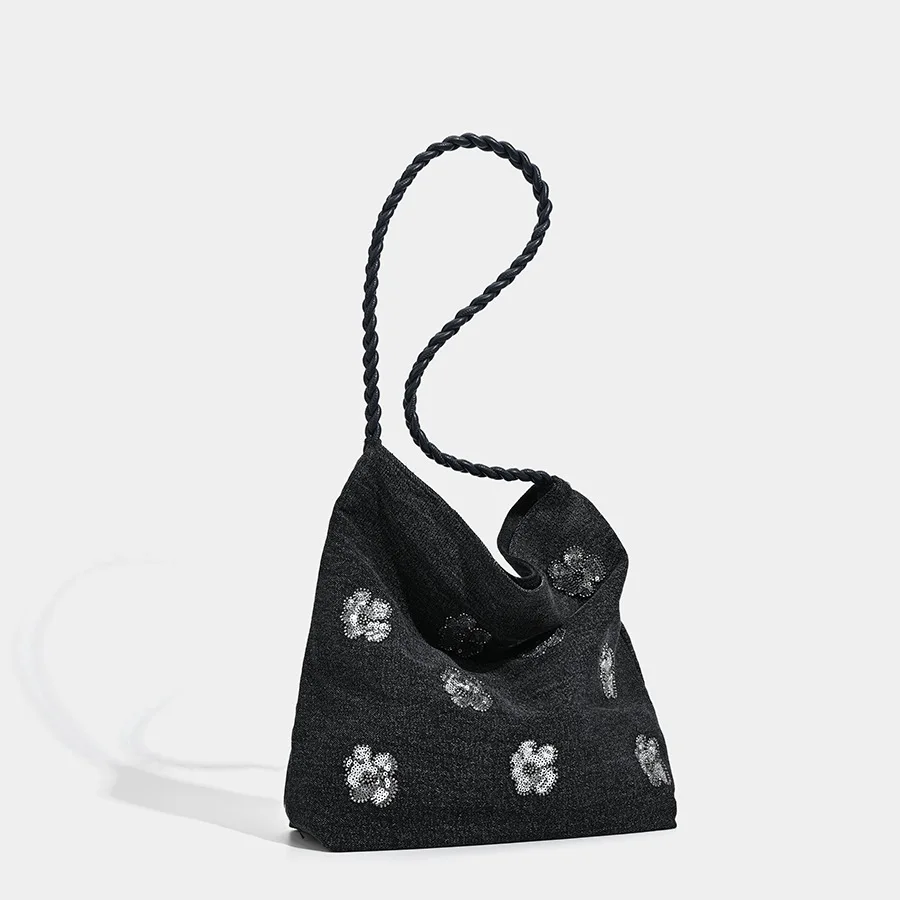 Ladies' lightweight hand-held tote bag, durable denim sequined flower commuter student single-shoulder bag