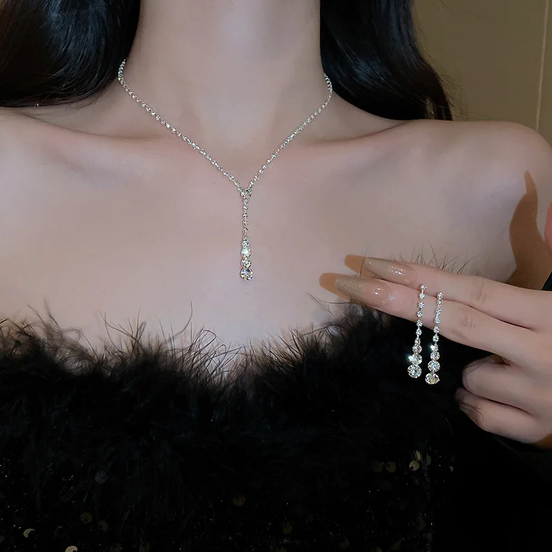 Full Round Rhinestones Tassel Necklaces for Women Thin Shiny Water Drop Dangle Earrings Party Gifts Wedding Collection Set B