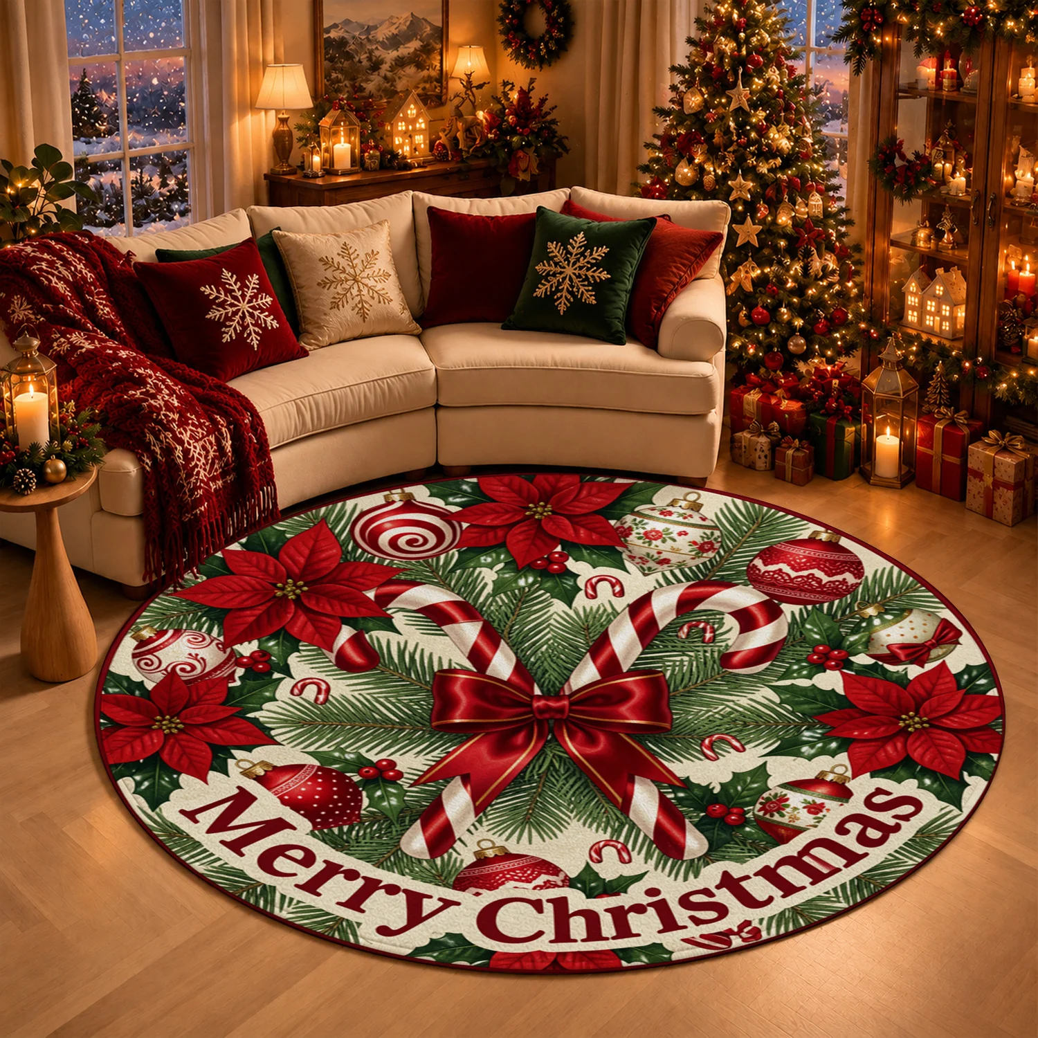 Christmas-Themed Circular Velvet Mat, Machine Washable, for Living Room, Dining Room, Entryway, Bedroom, Ideal for Halloween, Thanksgiving, Black Friday, Cyber Monday, Christmas, New Year