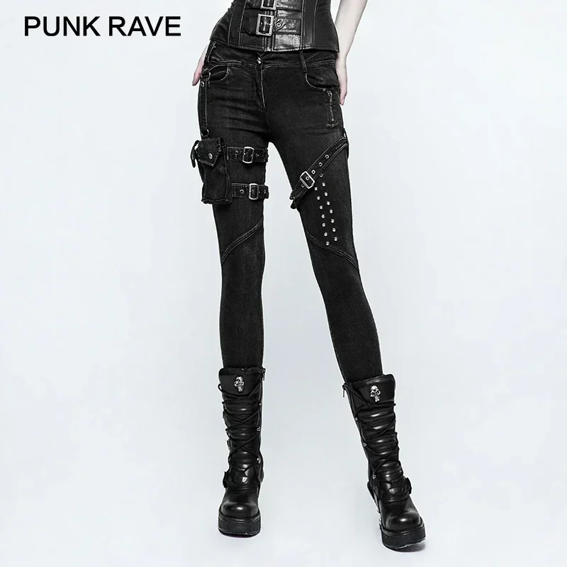 PUNK RAVE New Big Pants Pocket Rivet Button Belt Punk Rock Jeans Lady Skinny con pantaloni in Denim nero a vita alta per le donne