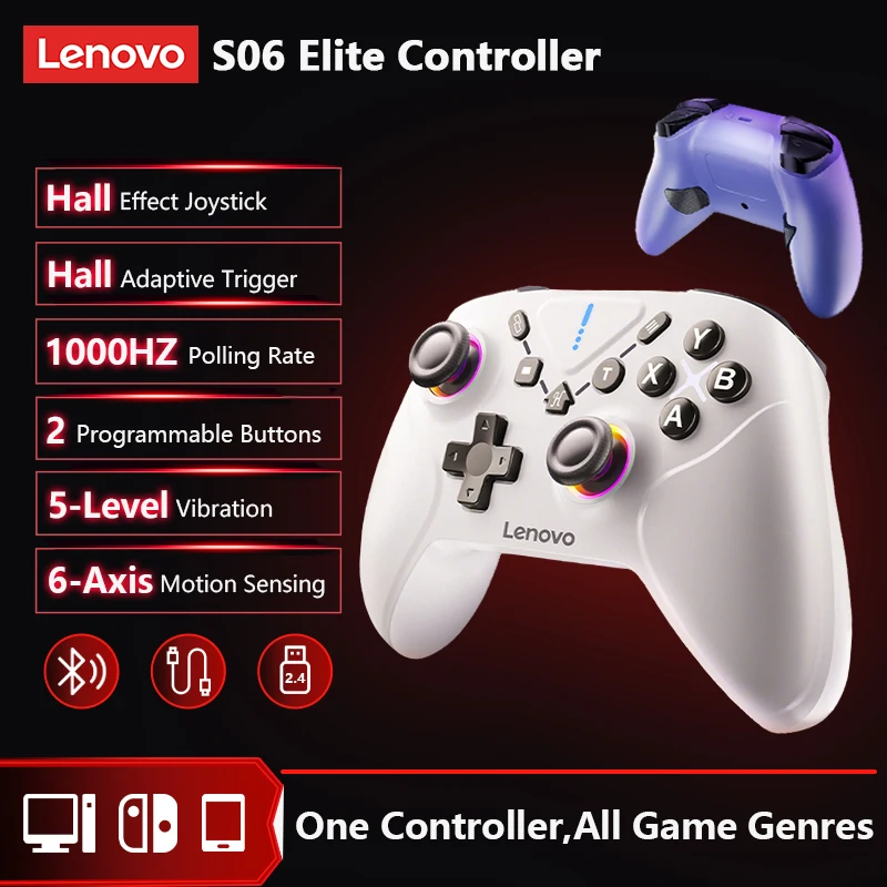

Original Lenovo S06 Wireless Bluetooth Gamepad With 2.4G No Stick Drift Wired Gamepad Hall Joysticks Triggers Gaming Controller