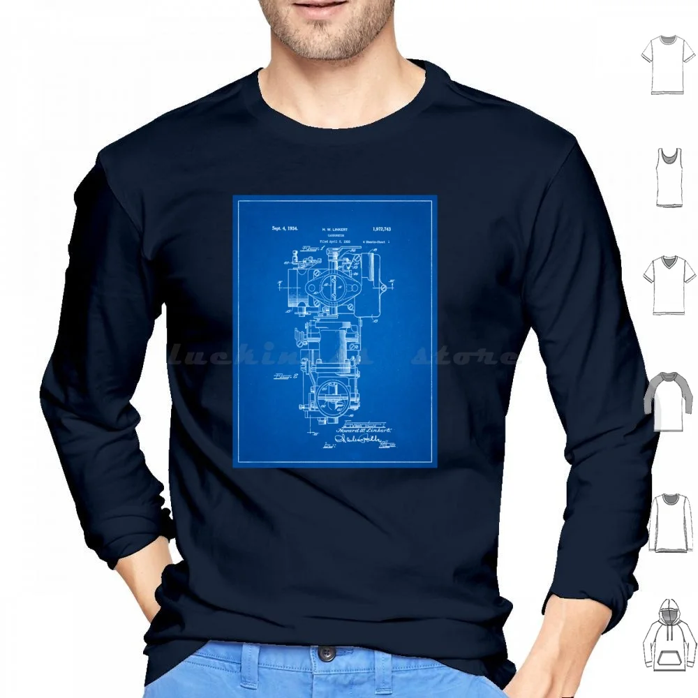 1934 Linkert Carburetor Patent Drawing Hoodie cotton Long Sleeve Carb Motorcycle Knuclehead Flathead V Twin