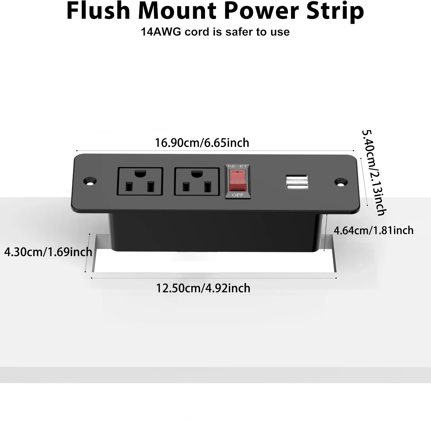 Recessed Mount Power Strip 2 AC Outlets 2 USB-A (5V,21.A) Charging Ports Control Switch 1.5M Extension Cable for Table Counter