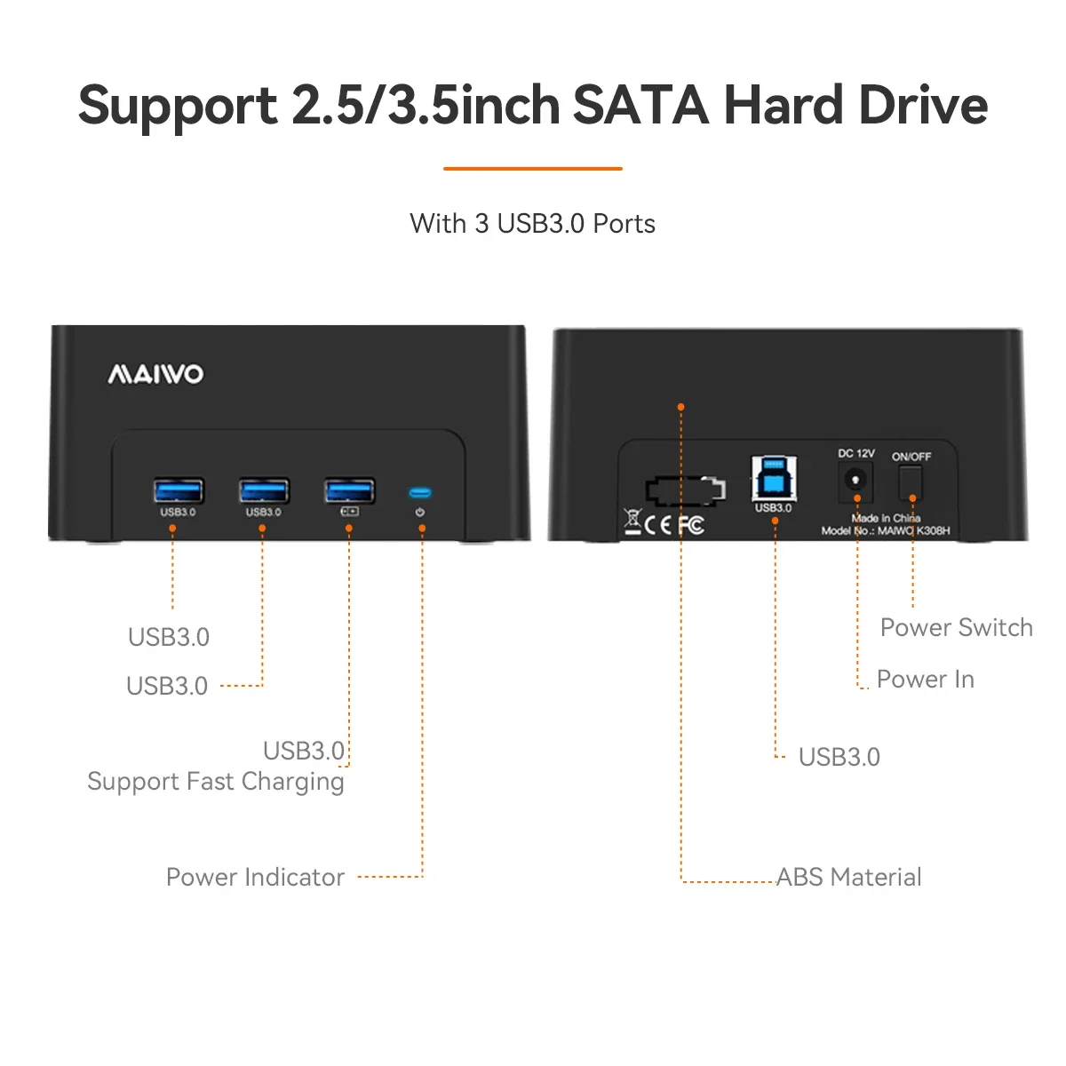 MAIWO 2.5/3.5 Inch HDD Docking Station SATA to USB 3.0 Adapter for 2.5 3.5 HDD Disk Case Hard Drive Enclosure with 3 USB Port