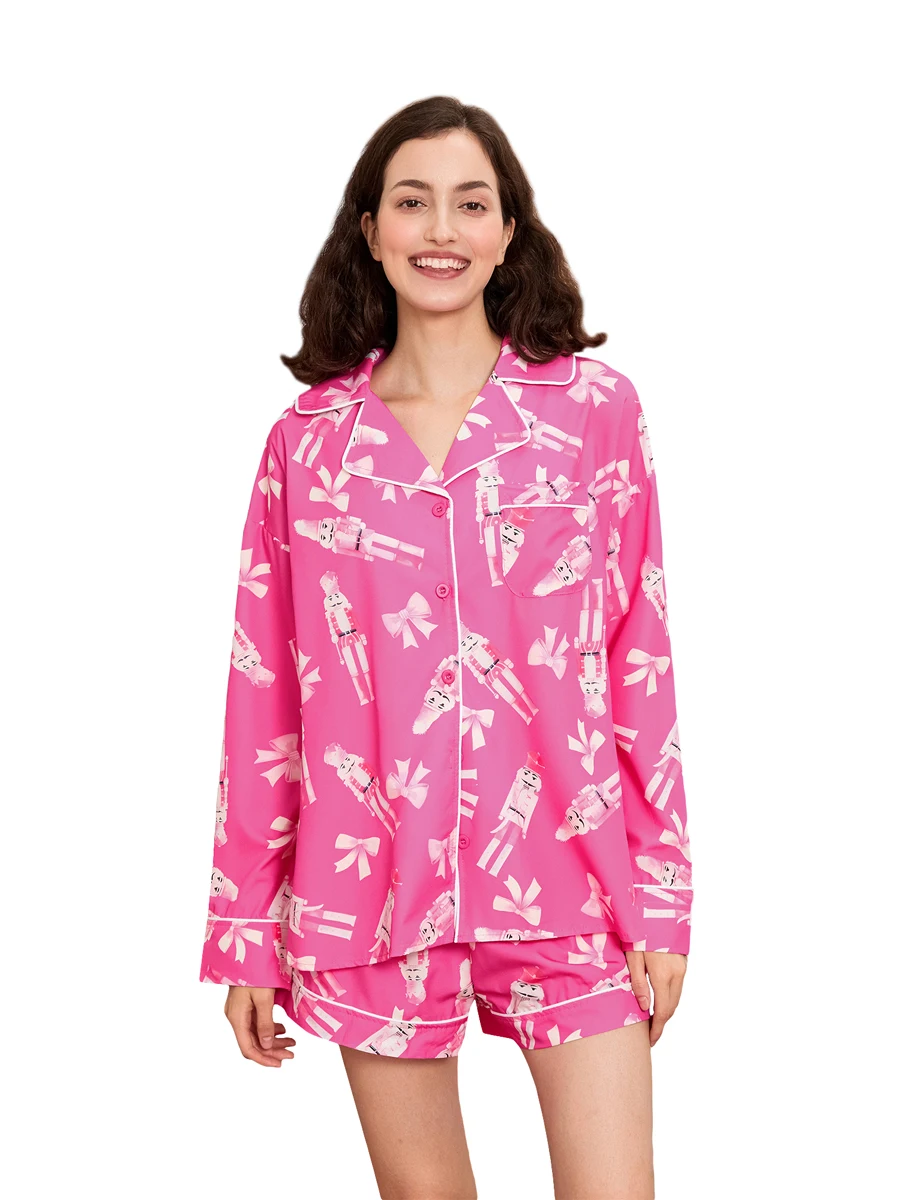 Conjunto de pijama feminino com estampa de laço lapela pescoço manga comprida tops shorts de cintura elástica conjunto de lounge de 2 peças para primavera outono