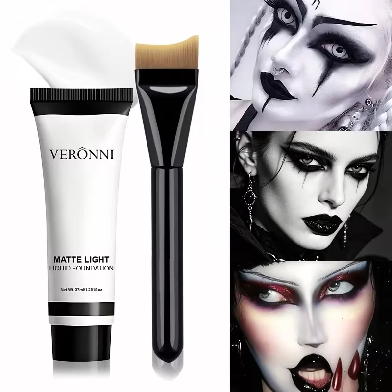 Full Matte Pure White Liquid Body Paint Foundation With Brush Set,Creamy Texture,Durable for Halloween,Gothic Style,Role-playing