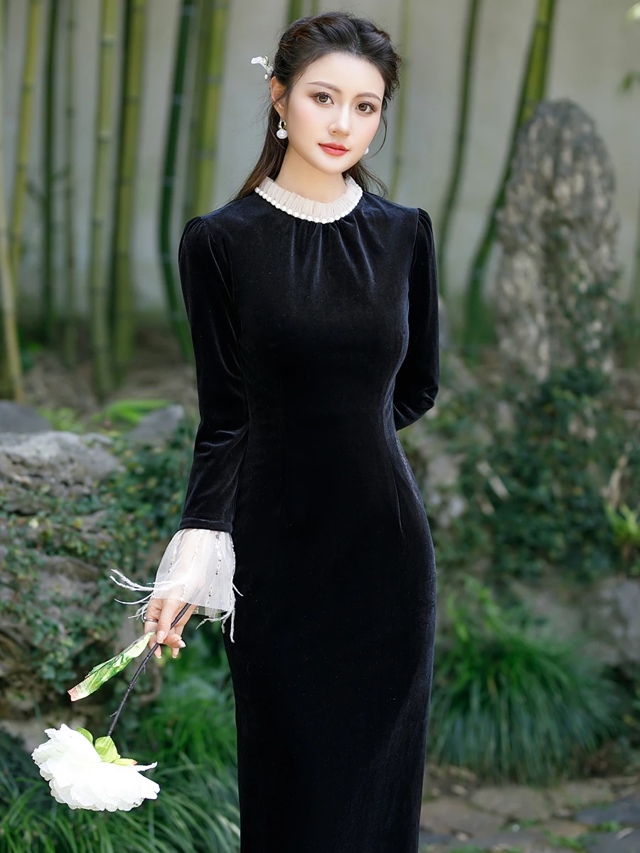 Young Gentle Lady Style Elegant Black Velvet Long Cheongsam Autumn New Daily Wearable