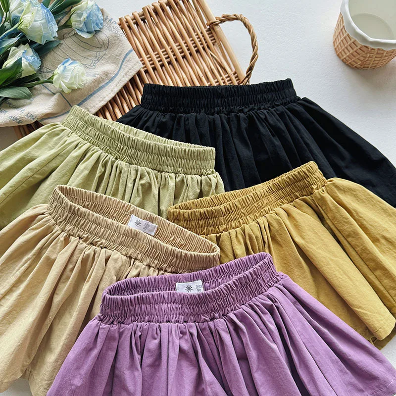 Baby Girls Shorts Skirts Summer Casual Pleated Elasticity Waist Shorts for Kids Clothing Solid Color Kawaii Children Pants New