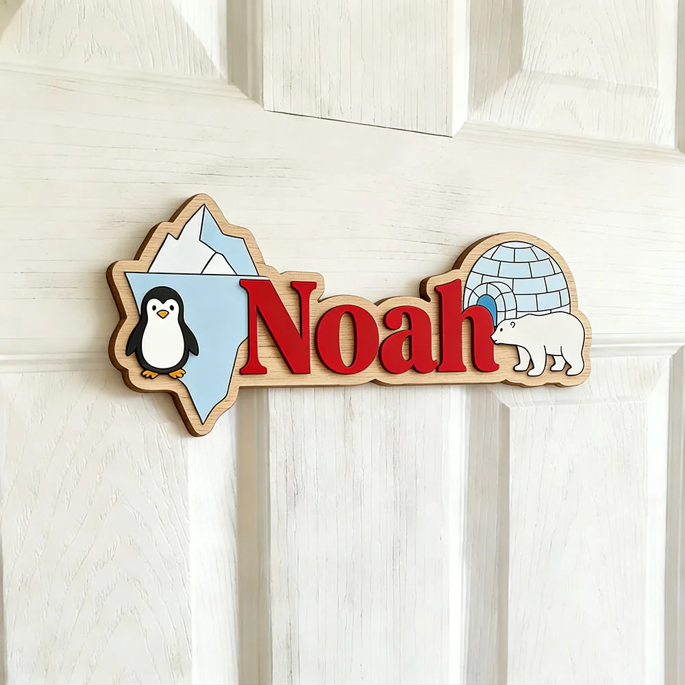 Arctic Penguin & Polar Bear Custom Name Sign Ice Cave Nursery Wall Art Personalized Wooden Plaque for Kids Room - view 6