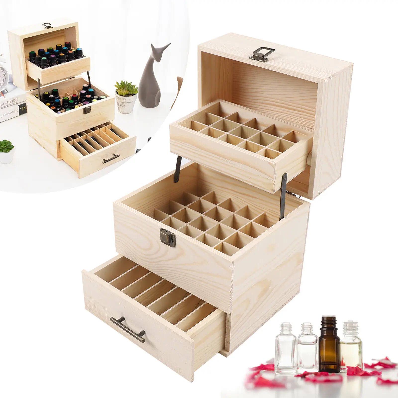 

Wooden Essential Oil Storage Box - 3-Tier Display Case and Organizer