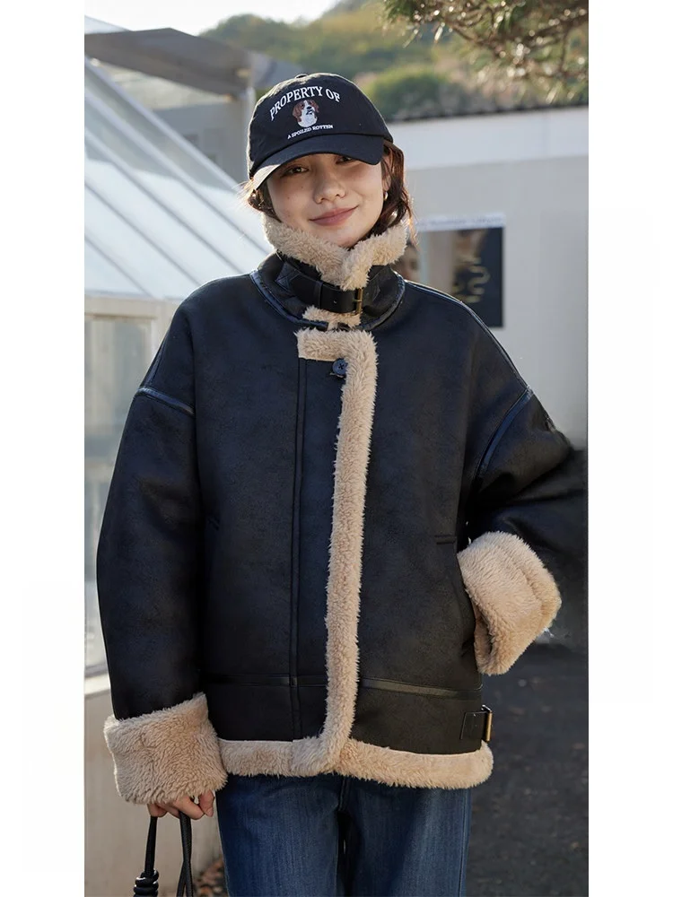 Veste en fourrure d'agneau tendance pour femme, collection automne 2025, en fibre de polyester épaisse, à manches longues et fermeture éclair