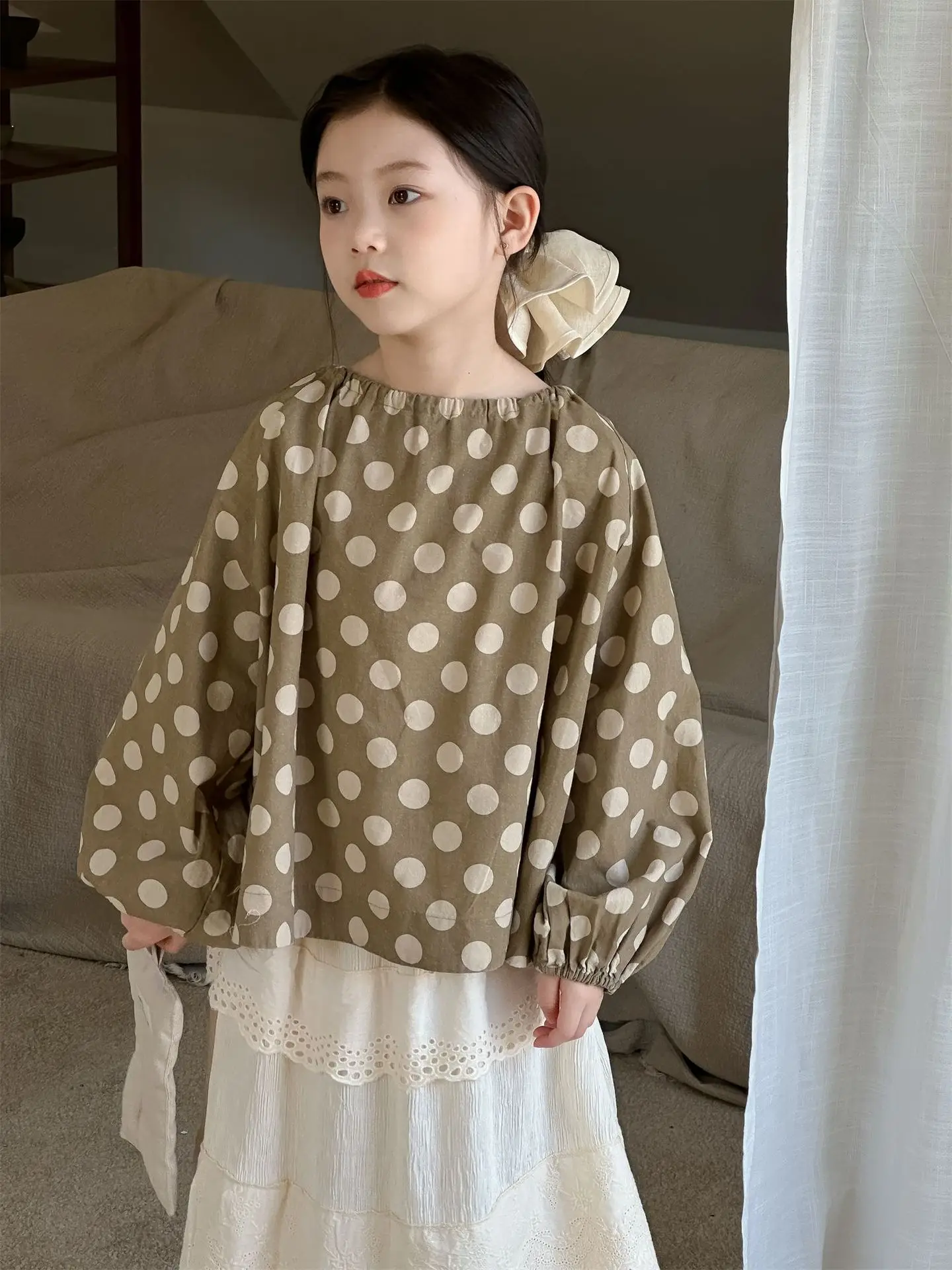 

T-Shirts Autumn New Girl Korean Series Wave Point Versatile Children Clothing Causal Tops 2024 Fashion Round Collar Pleated