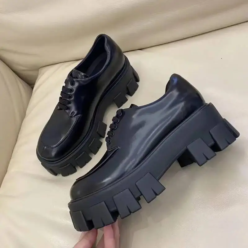 leather Loafers women's shoes spring and autumn platform shoes lace-up single shoes Plus size 35-40 size ladies casual flat