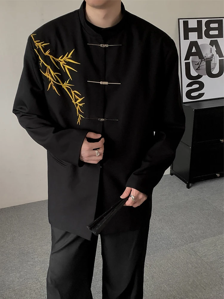 New Chinese Style Men's Bamboo Shoulder Pad Suit Jacket Stand Collar Wedding Engagement Casual Long Sleeve Business Casual Top