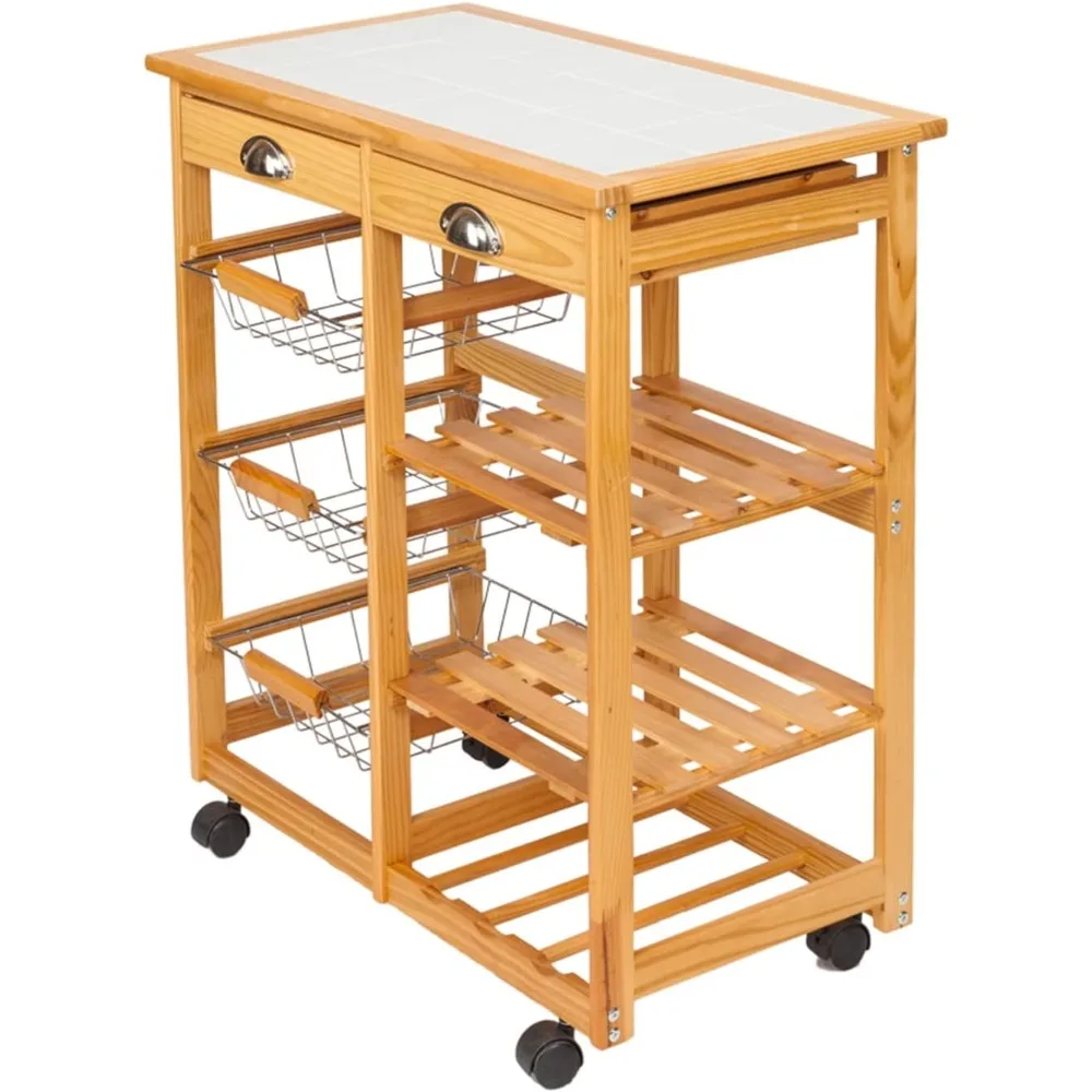 

Kitchen Cart On Wheels Tiled Countertop with 2 Drawers, 3 Metal Food Baskets and 2 Open Shelves and 1 Wine Rack,