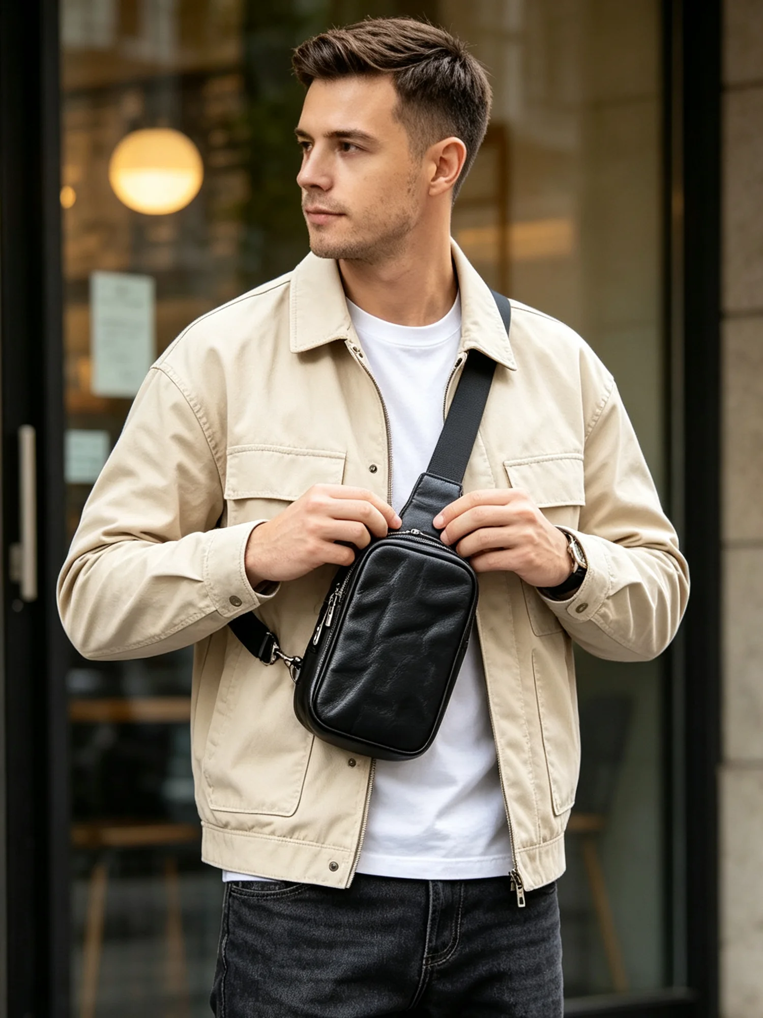 S.WORKER Echtes Leder Herren Casual Brusttasche Mini 7 Zoll Rindsleder Umhängetasche Modische Pflanzlich Gegerbte Leder-Handytasche – Detail 5