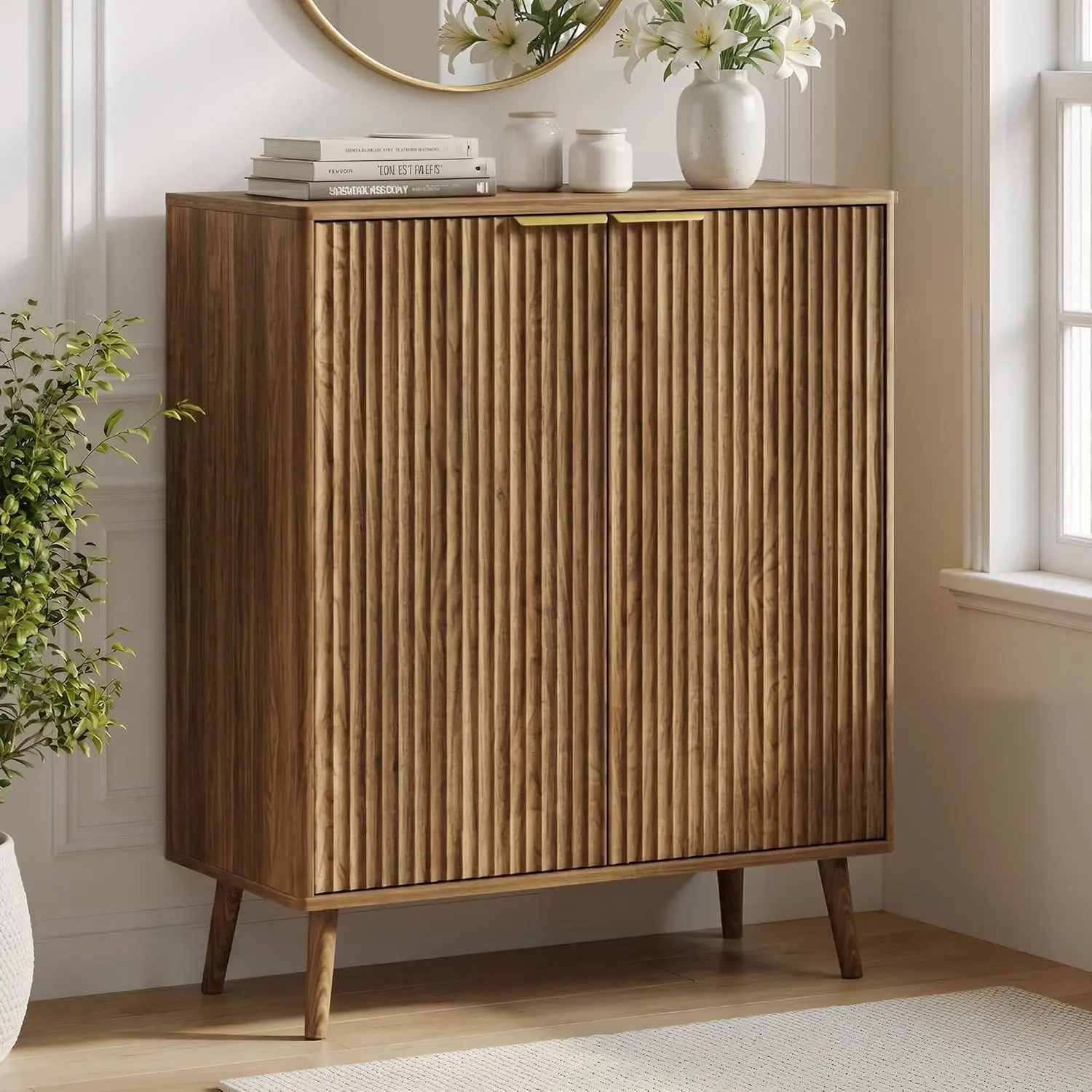 5-Tier Shoe Cabinet Adjustable Shelves Wavy Doors Oak, Customized