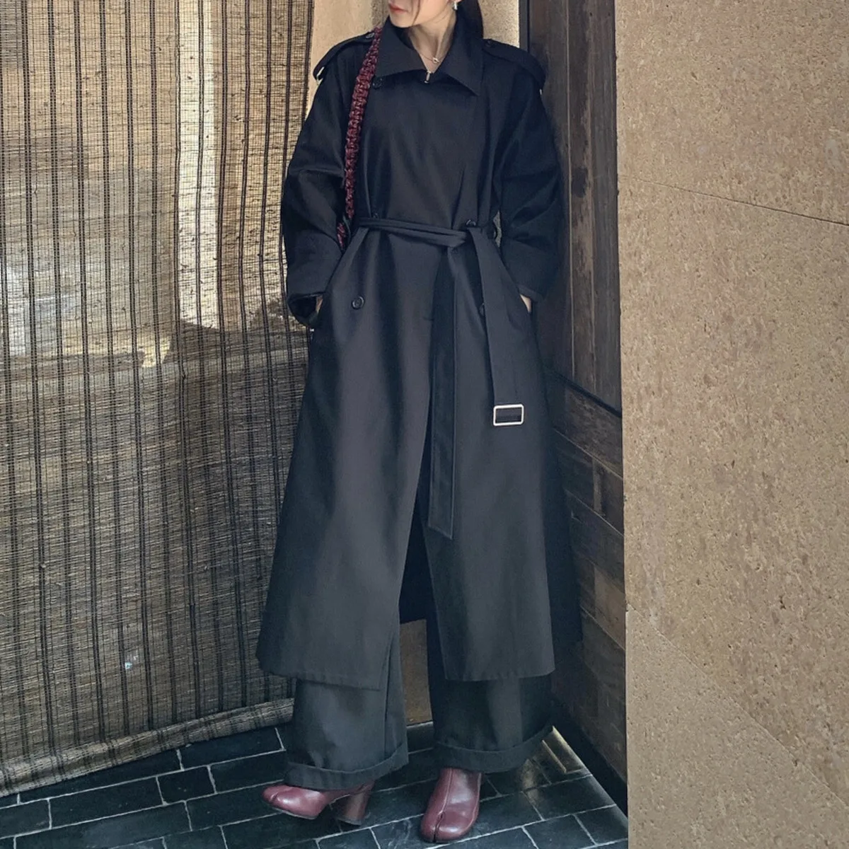 معطف KWTX نسائي طويل بحزام مزدوج الصدر وطية صدر السترة بلون سادة مصمم أنيق عتيق وصل حديثًا لخريف وشتاء 2025 #2