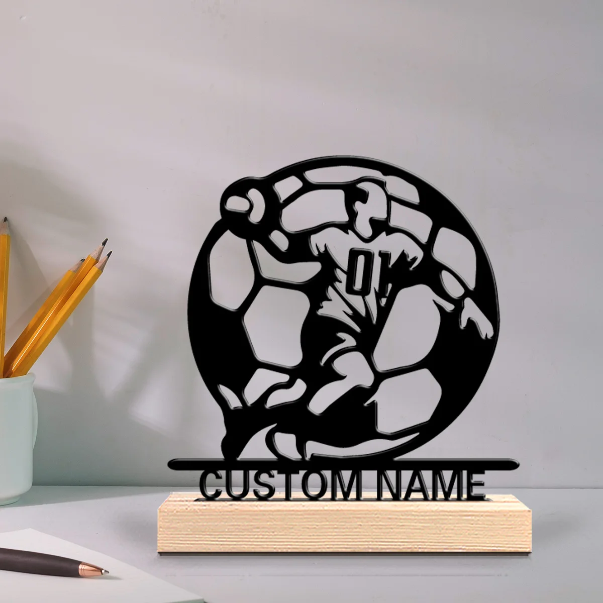 1pc soccer Customized Name Metal Statue Iron Ornament Art Crafts With Wood Base Tin Statue For Office Room Decor