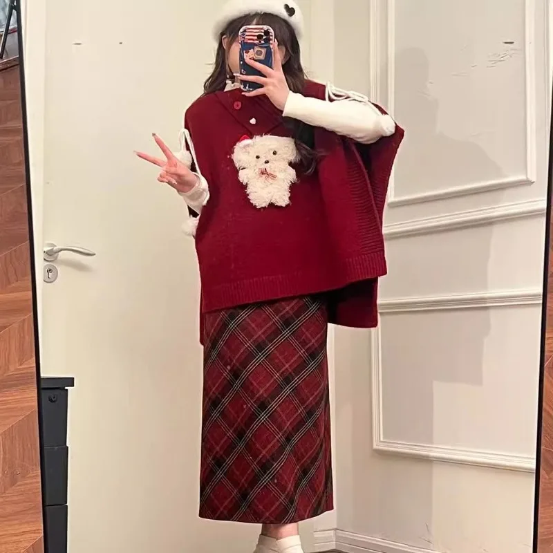 

Autumn Winter Christmas Cute Dog Sweater Tops Plaid Skirts 3 Piece Set 2025 New Lady Lucky Red Pompon Sweater Skirt Outfits