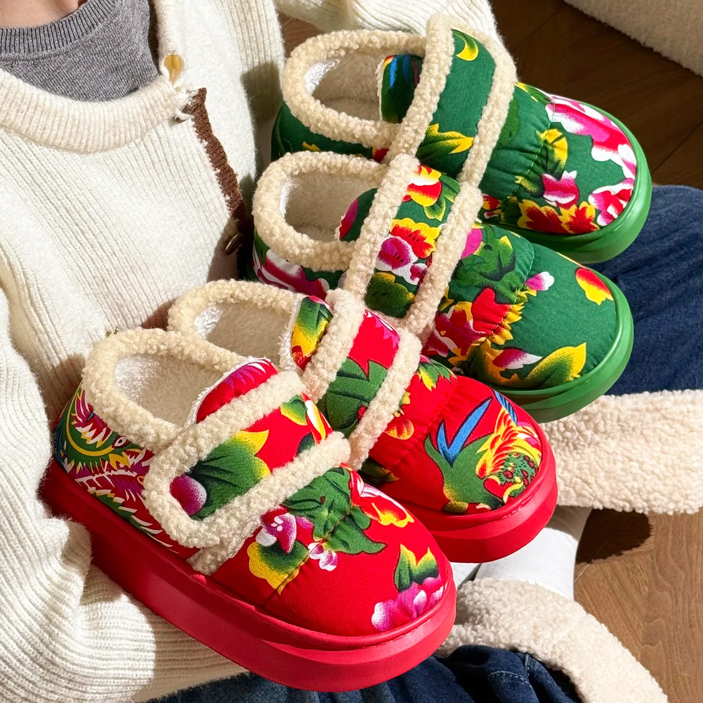 Northeast big flower cotton shoes women's winter wear thick-soled non-slip home plush warm bag and cotton slippers wholesale