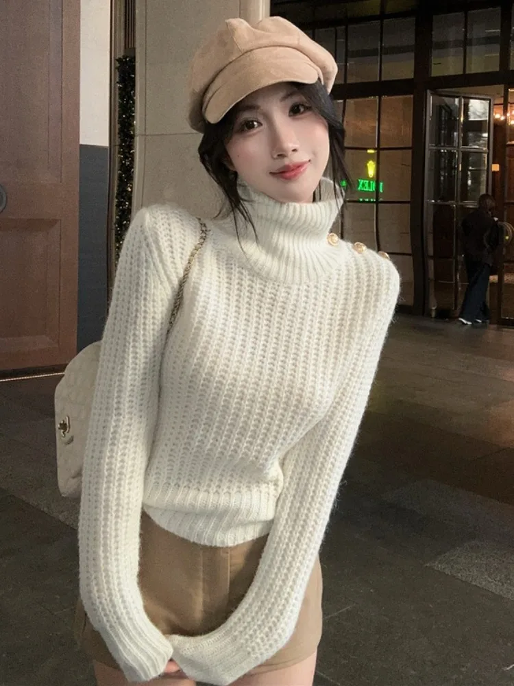 

Warm Knitted Sweater High Collar Loose Fit Straight Tube Sexy Loose Slimming Overhead Pure Desire Woolen Top for Women