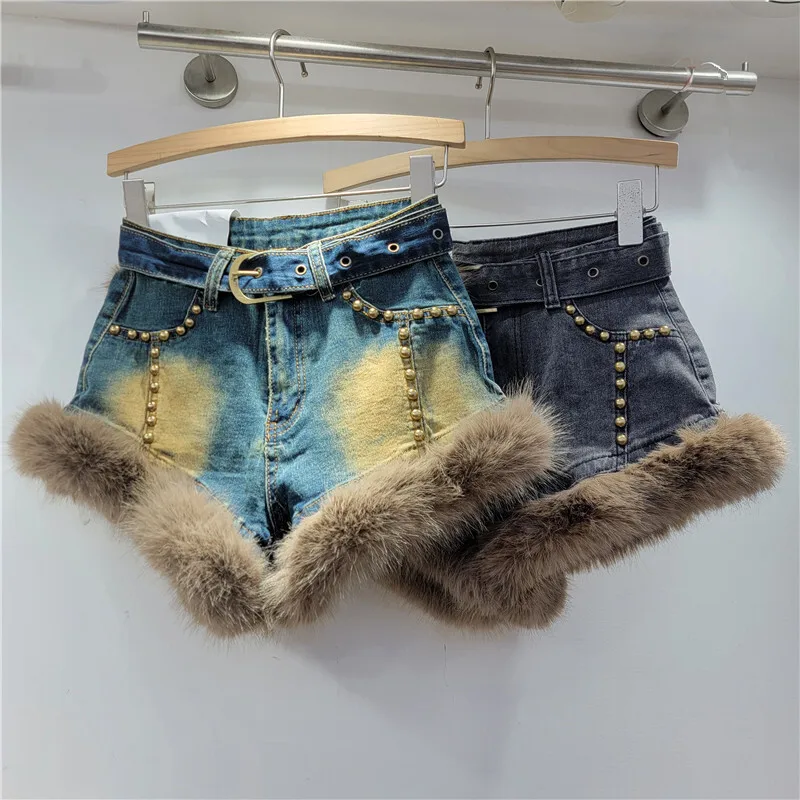 2025 Autumn Winter Fashion New Items Women's Plush Patchwork Fur Edge Rivet Denim Shorts Versatile Short Pants