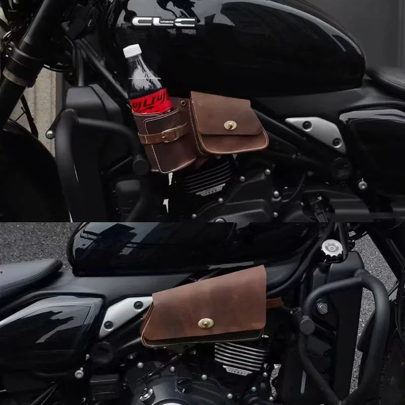 NONE Anwendbar auf CFMOTO 450CLC Wasserbechertasche, Retro-Kraftstofftanktasche aus Rindsleder, modifiziertes Zubehör, seitliche Abdeckung, kleine Hängetasche 3