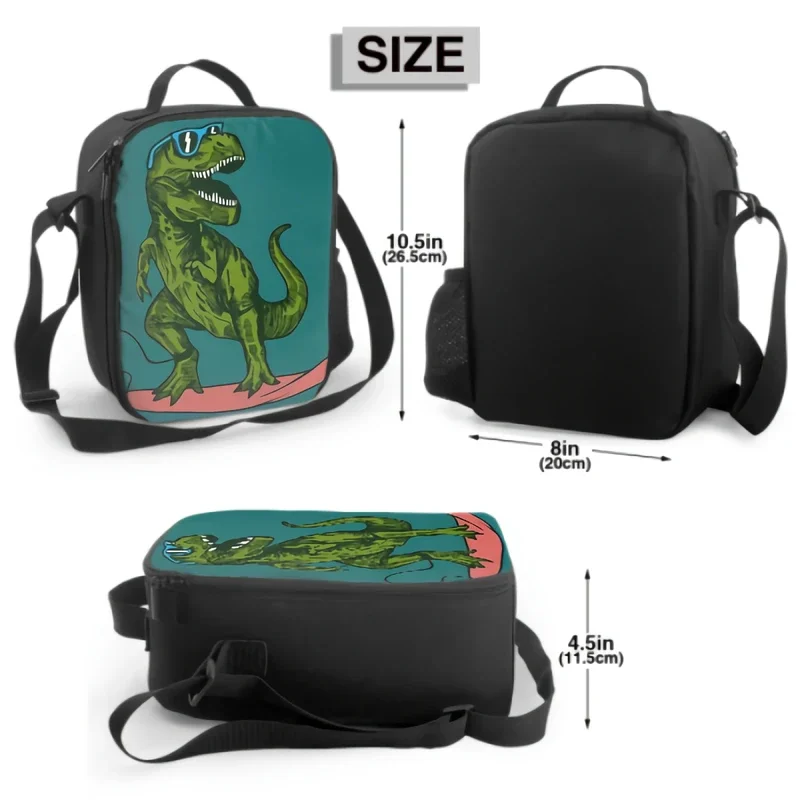 Happy Dinosaur Surfer Wearing Sunglasses Drawing Insulated Lunch Bag for School Work Picnic Tote Lunch Box Containers for Kids